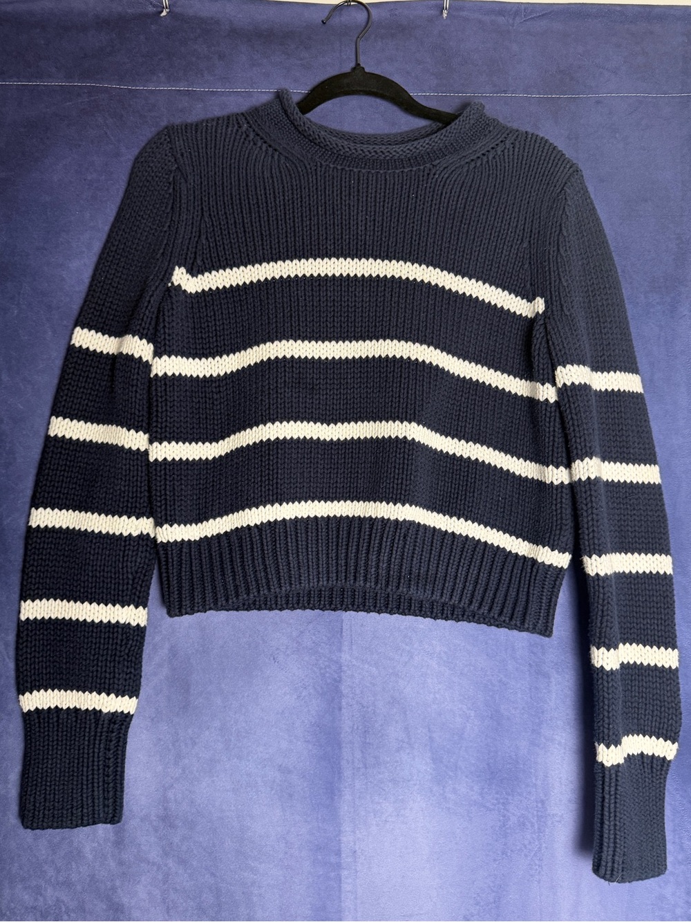 La Ligne Mini Marina Roll neck Navy and cream Stripe Cropped Sweater